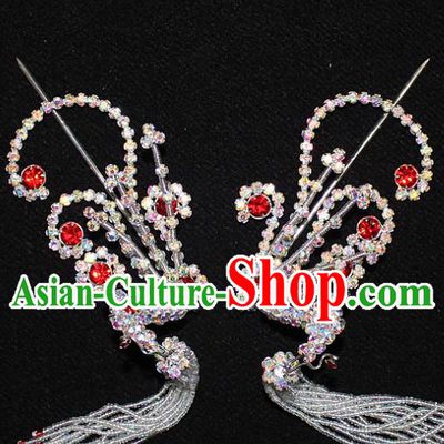 Traditional China Beijing Opera Young Lady Hair Accessories Tassel Step Shake, Ancient Chinese Peking Opera Hua Tan Headwear Diva Red Crystal Empress Phoenix Hairpins