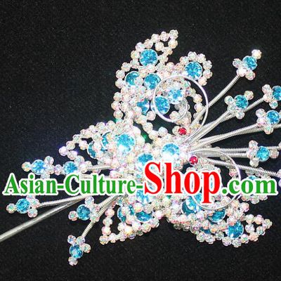 Traditional China Beijing Opera Young Lady Hair Accessories Tassel Step Shake, Ancient Chinese Peking Opera Hua Tan Headwear Diva Blue Crystal Empress Butterfly Hairpins