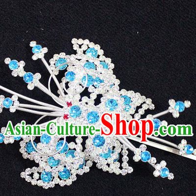 Traditional China Beijing Opera Young Lady Hair Accessories Tassel Step Shake, Ancient Chinese Peking Opera Hua Tan Headwear Diva Blue Crystal Empress Butterfly Hairpins