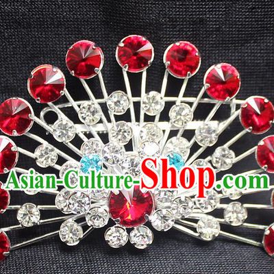 Traditional China Beijing Opera Young Lady Jewelry Accessories Collar Brooch, Ancient Chinese Peking Opera Hua Tan Diva Red Crystal Fanshaped Breastpin