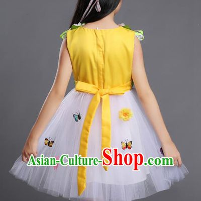 Top Grade Chinese Compere Professional Performance Catwalks Costume, Children Princess Bubble Veil Full Dress Modern Dance Yellow Dress for Girls Kids