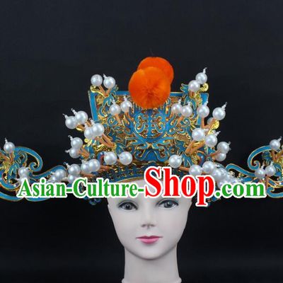 Traditional China Beijing Opera God of Wealth Hat, Ancient Chinese Peking Opera Men Headwear Prime Minister Hat
