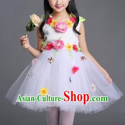 Top Grade Chinese Compere Professional Performance Catwalks Costume, Children Princess Bubble Veil Full Dress Modern Dance White Dress for Girls Kids