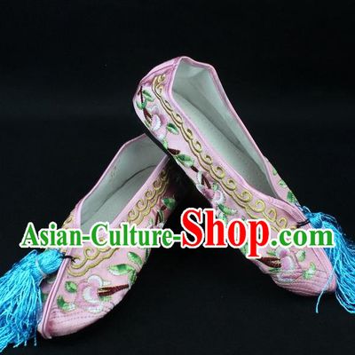 Traditional China Beijing Opera Hua Tan Embroidered Pink Shoes, Ancient Chinese Peking Opera Young Lady Diva Princess Blood Stained Shoes
