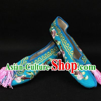 Traditional China Beijing Opera Hua Tan Embroidered Blue Shoes, Ancient Chinese Peking Opera Young Lady Diva Princess Blood Stained Shoes