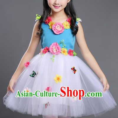 Top Grade Chinese Compere Professional Performance Catwalks Costume, Children Princess Bubble Veil Full Dress Modern Dance Blue Dress for Girls Kids