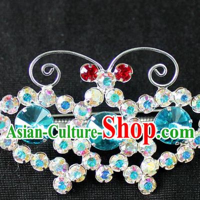 Traditional China Beijing Opera Young Lady Jewelry Accessories Butterfly Brooch, Ancient Chinese Peking Opera Hua Tan Diva Blue Crystal Breastpin