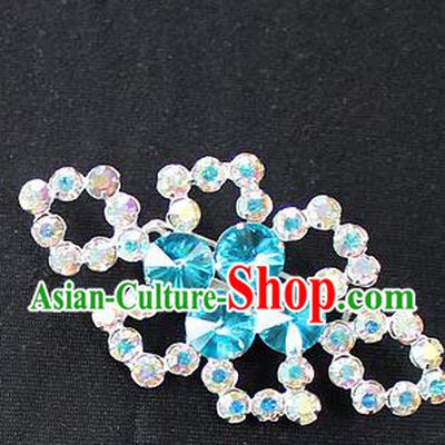 Traditional China Beijing Opera Young Lady Jewelry Accessories Collar Brooch, Ancient Chinese Peking Opera Hua Tan Diva Blue Crystal Breastpin