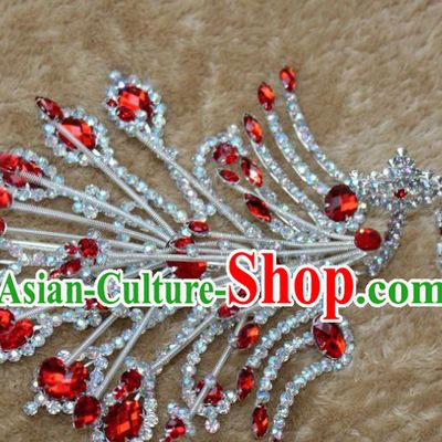 Traditional China Beijing Opera Young Lady Hair Accessories Red Crystal Phoenix Step Shake, Ancient Chinese Peking Opera Hua Tan Headwear Diva Hairpins
