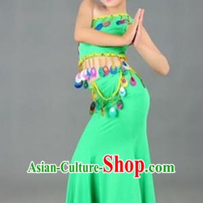 Traditional Chinese Dai Nationality Peacock Dance Costume, Folk Dance Ethnic Costume, Chinese Minority Nationality Dance Green Dress for Kids