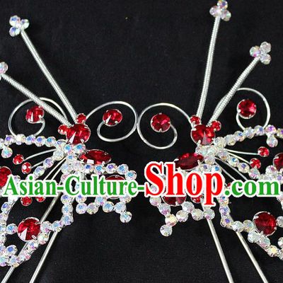 Traditional China Beijing Opera Young Lady Hair Accessories, Ancient Chinese Peking Opera Hua Tan Diva Red Crystal Butterfly Hairpins