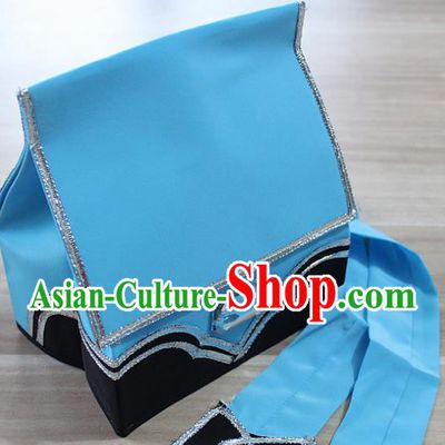 Traditional China Beijing Opera Young Men Hair Accessories Headwear, Ancient Chinese Peking Opera Niche Hat Blue Kerchief