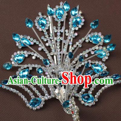 Traditional China Beijing Opera Young Lady Hair Accessories Blue Crystal Phoenix Step Shake, Ancient Chinese Peking Opera Hua Tan Headwear Diva Hairpins