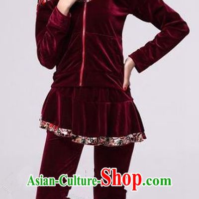 Traditional Chinese Classical Dance Yangge Fan Dance Wine Red Pleuche Costume, Folk Dance Drum Dance Clothing Yangko Uniform for Women