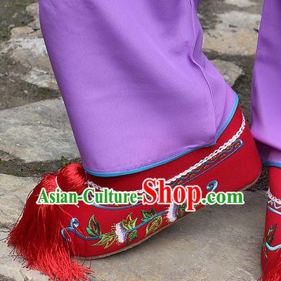 Traditional China Beijing Opera Hua Tan Embroidered Shoes, Ancient Chinese Peking Opera Young Lady Diva Princess Red Blood Stained Shoes