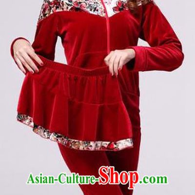 Traditional Chinese Classical Dance Yangge Fan Dance Red Pleuche Costume, Folk Dance Drum Dance Clothing Yangko Uniform for Women
