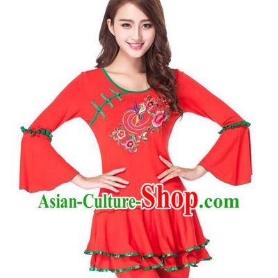 Traditional Chinese Classical Dance Yangge Fan Dance Red Embroidery Costume, Folk Dance Drum Dance Clothing Yangko Uniform for Women