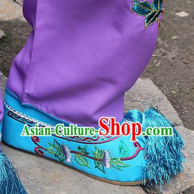 Traditional China Beijing Opera Hua Tan Embroidered Shoes, Ancient Chinese Peking Opera Young Lady Diva Princess Blue Blood Stained Shoes