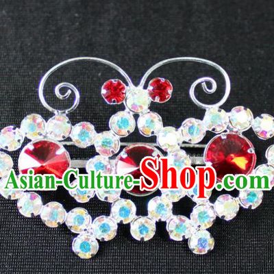 Traditional China Beijing Opera Young Lady Jewelry Accessories Butterfly Brooch, Ancient Chinese Peking Opera Hua Tan Diva Red Crystal Breastpin
