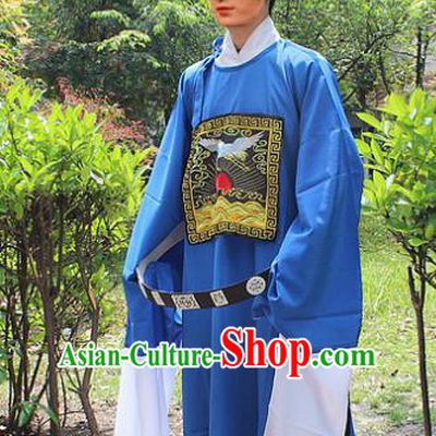 Traditional China Beijing Opera Niche Costume Lang Scholar Blue Embroidered Robe and Headwear, Ancient Chinese Peking Opera Embroidery Magistrate Gwanbok Clothing