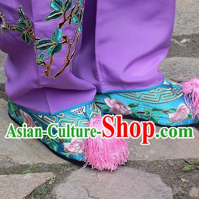 Traditional China Beijing Opera Hua Tan Embroidered Blue Shoes, Ancient Chinese Peking Opera Young Lady Diva Princess Embroidery Blood Stained Shoes