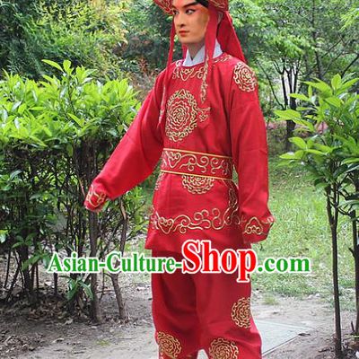 Traditional China Beijing Opera Costume Swordsman Takefu Embroidered Red Uniform and Headwear, Ancient Chinese Peking Opera Embroidery Warrior Clothing