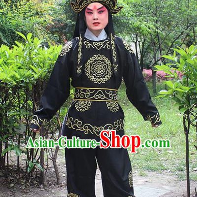 Traditional China Beijing Opera Costume Swordsman Takefu Embroidered Black Uniform and Headwear, Ancient Chinese Peking Opera Embroidery Warrior Clothing