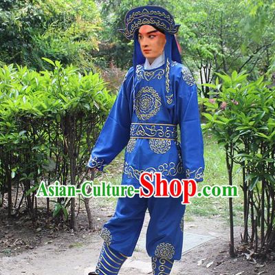 Traditional China Beijing Opera Costume Swordsman Takefu Embroidered Blue Uniform and Headwear, Ancient Chinese Peking Opera Embroidery Warrior Clothing