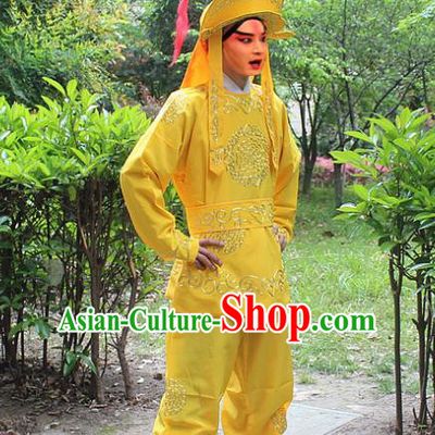 Traditional China Beijing Opera Costume Swordsman Takefu Embroidered Yellow Uniform and Headwear, Ancient Chinese Peking Opera Embroidery Warrior Clothing