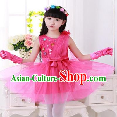 Top Grade Chinese Compere Professional Performance Catwalks Costume, Children Princess Rosy Veil Bubble Dress Modern Dance Dress for Girls Kids