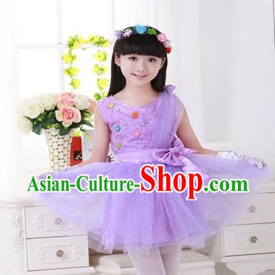 Top Grade Chinese Compere Professional Performance Catwalks Costume, Children Princess Purple Veil Bubble Dress Modern Dance Dress for Girls Kids