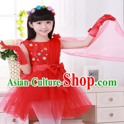 Top Grade Chinese Compere Professional Performance Catwalks Costume, Children Princess Red Veil Bubble Dress Modern Dance Dress for Girls Kids