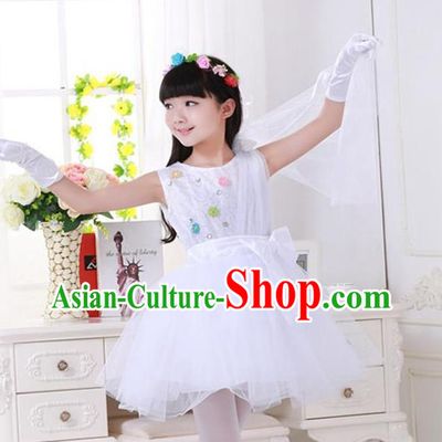 Top Grade Chinese Compere Professional Performance Catwalks Costume, Children Princess White Veil Bubble Dress Modern Dance Dress for Girls Kids