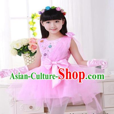 Top Grade Chinese Compere Professional Performance Catwalks Costume, Children Princess Pink Veil Bubble Dress Modern Dance Dress for Girls Kids