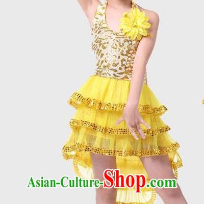 Top Grade Chinese Compere Professional Performance Catwalks Costume, Children Yellow Bubble Dress Modern Dance Dress for Girls Kids