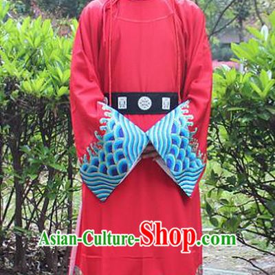 Traditional China Beijing Opera Niche Costume Zhan Zhao Robe and Headwear, Ancient Chinese Peking Opera Embroidery Red Gwanbok Clothing