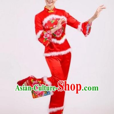 Traditional Chinese Classical Dance Yangge Fan Dance Embroidery Peony Red Costume, Folk Dance Waist Drum Dance Clothing Yangko Uniform for Women