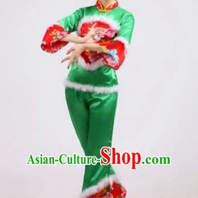 Traditional Chinese Classical Dance Yangge Fan Dance Embroidery Peony Green Costume, Folk Dance Waist Drum Dance Clothing Yangko Uniform for Women