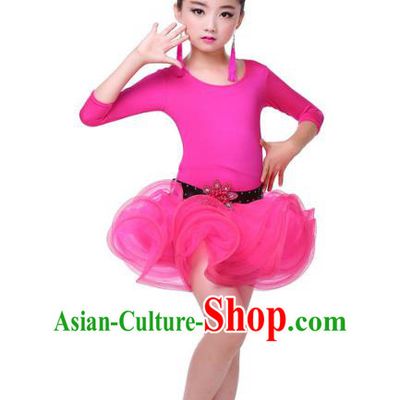 Top Grade Chinese Compere Professional Performance Catwalks Costume, Children Rosy Bubble Dress Modern Latin Dance Dress for Girls Kids