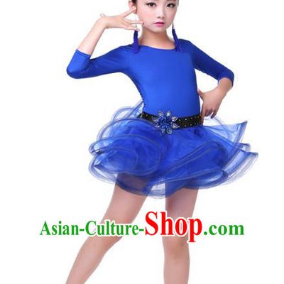 Top Grade Chinese Compere Professional Performance Catwalks Costume, Children Blue Bubble Dress Modern Latin Dance Dress for Girls Kids
