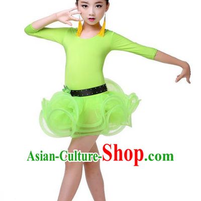 Top Grade Chinese Compere Professional Performance Catwalks Costume, Children Green Bubble Dress Modern Latin Dance Dress for Girls Kids