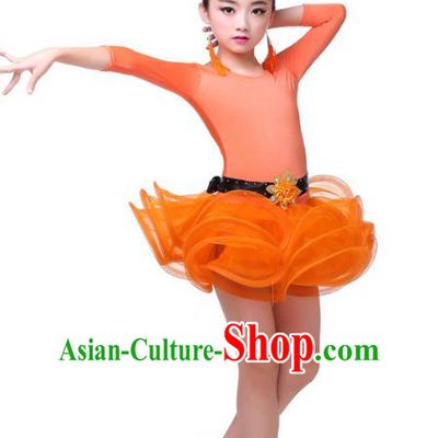 Top Grade Chinese Compere Professional Performance Catwalks Costume, Children Orange Bubble Dress Modern Latin Dance Dress for Girls Kids