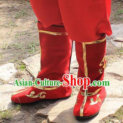 Traditional China Beijing Opera Warrior Embroidered Shoes, Ancient Chinese Peking Opera Soldier Takefu Red Boots
