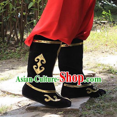Traditional China Beijing Opera Warrior Embroidered Shoes, Ancient Chinese Peking Opera Soldier Takefu Black Boots