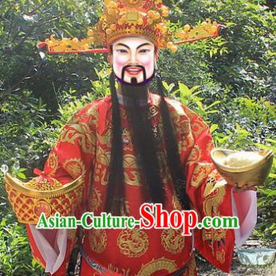 Traditional China Beijing Opera Top Grade Costume God of Wealth Embroidered Robe and Headwear Complete Set, Ancient Chinese Peking Opera Gwanbok Clothing