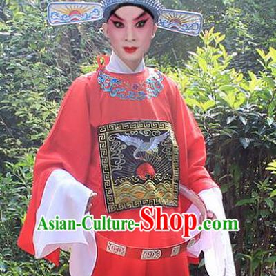 Traditional China Beijing Opera Niche Costume Lang Scholar Red Embroidered Robe and Headwear, Ancient Chinese Peking Opera Embroidery Magistrate Gwanbok Clothing