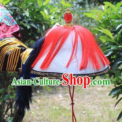 Traditional China Beijing Opera Officer Minister Hat, Ancient Chinese Peking Opera Qing Dynasty Manchu Eunuch Headwear Flowers Ling