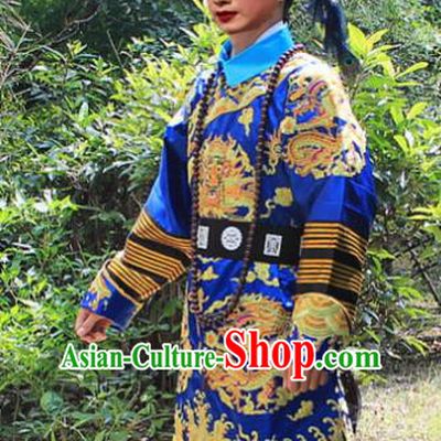 Traditional China Beijing Opera Niche Costume Qing Dynasty Eunuch Embroidered Robe and Hat, Ancient Chinese Peking Opera Manchu Royal Highness Embroidery Blue Gwanbok Clothing