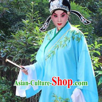Traditional China Beijing Opera Niche Costume Lang Scholar Blue Embroidered Robe and Headwear, Ancient Chinese Peking Opera Embroidery Gwanbok Clothing