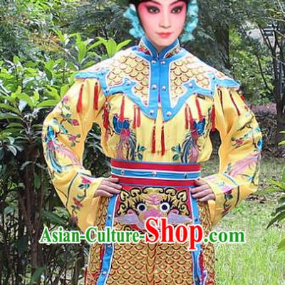 Traditional China Beijing Opera Young Lady Costume Swordplay Yellow Embroidered Robe and Headwear, Ancient Chinese Peking Opera Blues Embroidery Dress Clothing